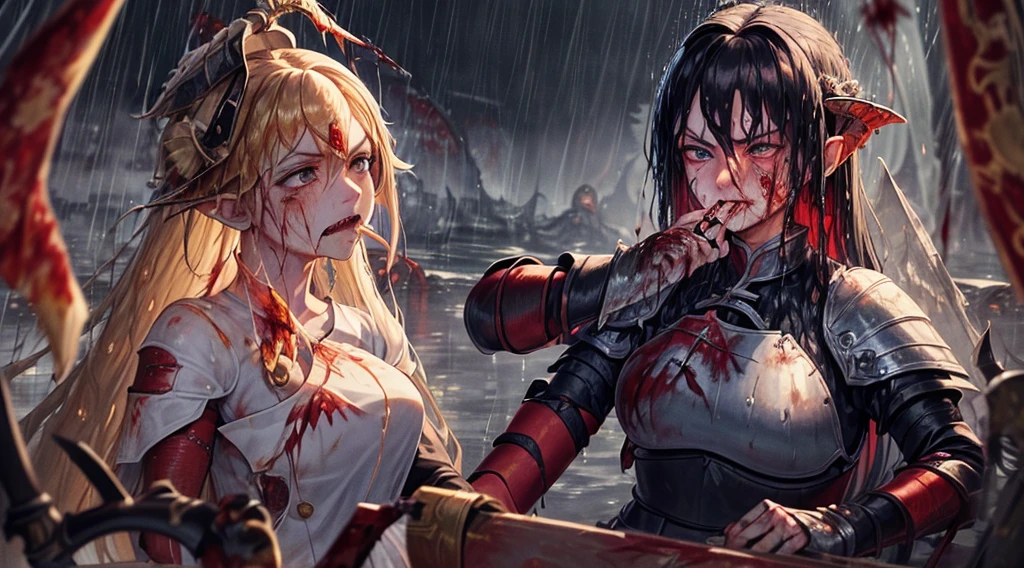 masterpiece,best quality,ultra detailed,(1 Fallen Female Knight),(rage:1.1),(one eye closed:0.5),upper body shot,The fire sword,blonde hair,long hair,blue eye,straight hair,(ThunderStorm:1,5),darksouls,(fire:1.4),(Rainy:1.3),((blood dripping from mouth:1.2)),(((profuse bleeding:1.7))),castle town,(wet skin:1.3),(wet hair:1.5)