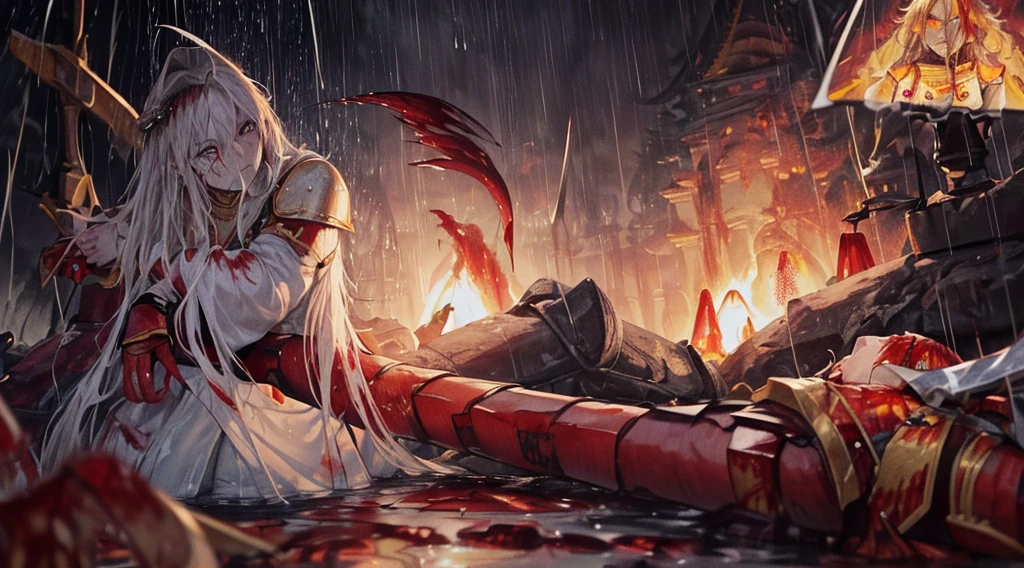 masterpiece,best quality,ultra detailed,(1 Fallen Female Knight),(rage:1.1),(one eye closed:0.5),upper body shot,The fire sword,blonde hair,long hair,blue eye,straight hair,(ThunderStorm:1,5),darksouls,(fire:1.4),(Rainy:1.3),((blood dripping from mouth:1.2)),(((profuse bleeding:1.7))),castle town,(wet skin:1.3),(wet hair:1.5)