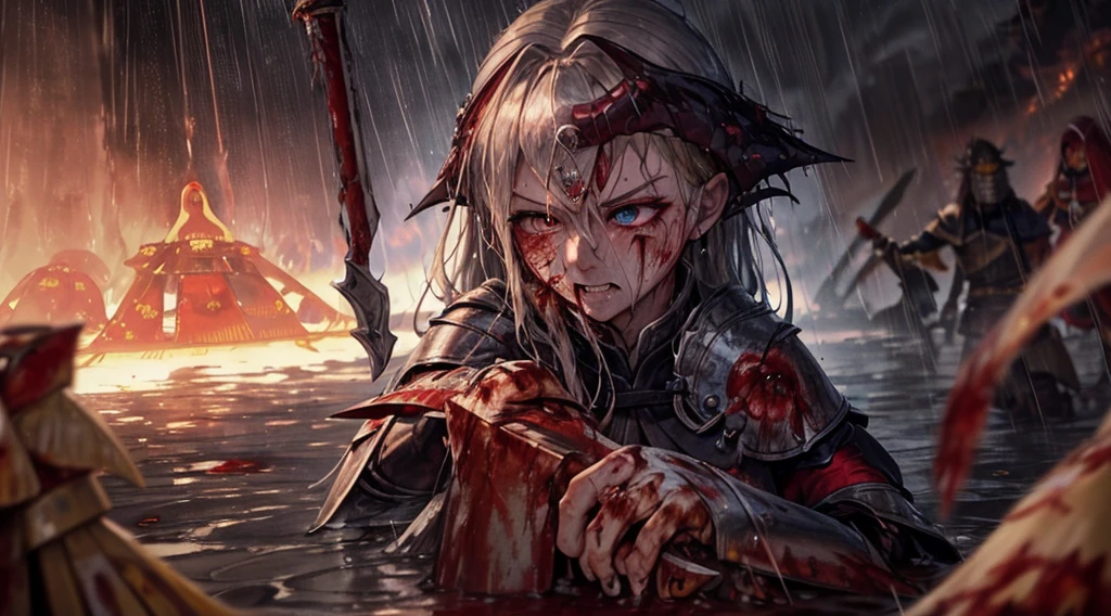 masterpiece,best quality,ultra detailed,(1 Fallen Female Knight),(rage:1.1),(one eye closed:0.5),upper body shot,The fire sword,blonde hair,long hair,blue eye,straight hair,(ThunderStorm:1,5),darksouls,(fire:1.4),(Rainy:1.3),((blood dripping from mouth:1.2)),(((profuse bleeding:1.7))),castle town,(wet skin:1.3),(wet hair:1.5)