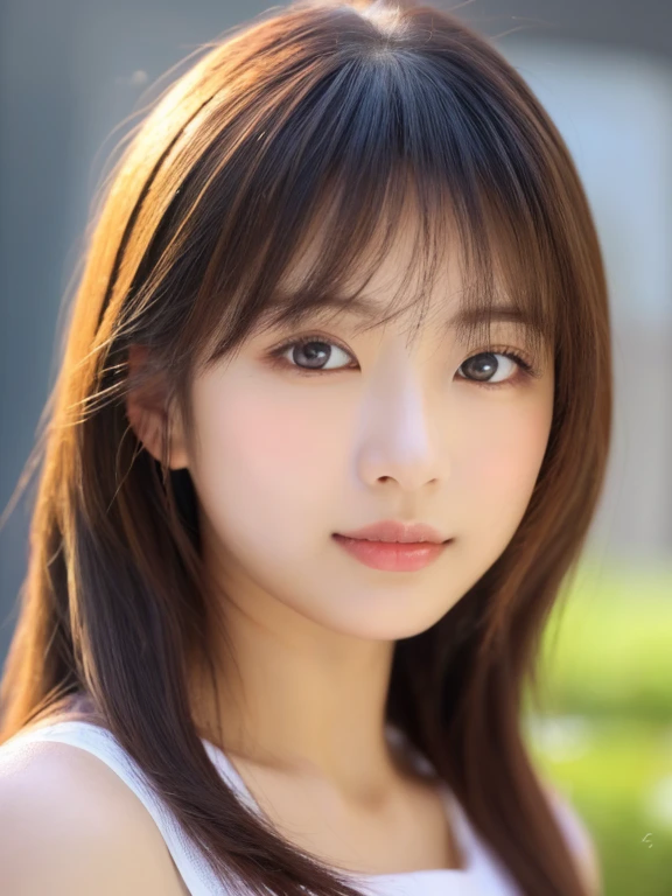 ((cute little日本の女の子、Beautiful japanese girl、1 girl in、age19、poneyTail、Highly detailed facial and skin texture、refinement、hyperdetailed face、ultradetailed eyes、blusher、blush、teak、ピンクのteakを塗った頬、close-up of woman、bustup、真frontageを向いている顔、真frontageを向いている体、Looking at the camera、frontage、cute little、smooth white skin、Transparent skin texture、))、(dark brown hair、bangss)、Beautiful Women in Perfect Style:1.4、Japanese Models、Young gravure idols、若いcute littleグラビアアイドル、Realistic Young Gravure Idol、refinementされたグラビアアイドル、((top-quality、in 8K、masterpiece:1.3、1Photo))、(4K、RAW Photography、top-quality)、(reallistic、フォトreallistic:1.37)、Place a person on the other side of the screen、natural soft light、upper body and head、refinement、