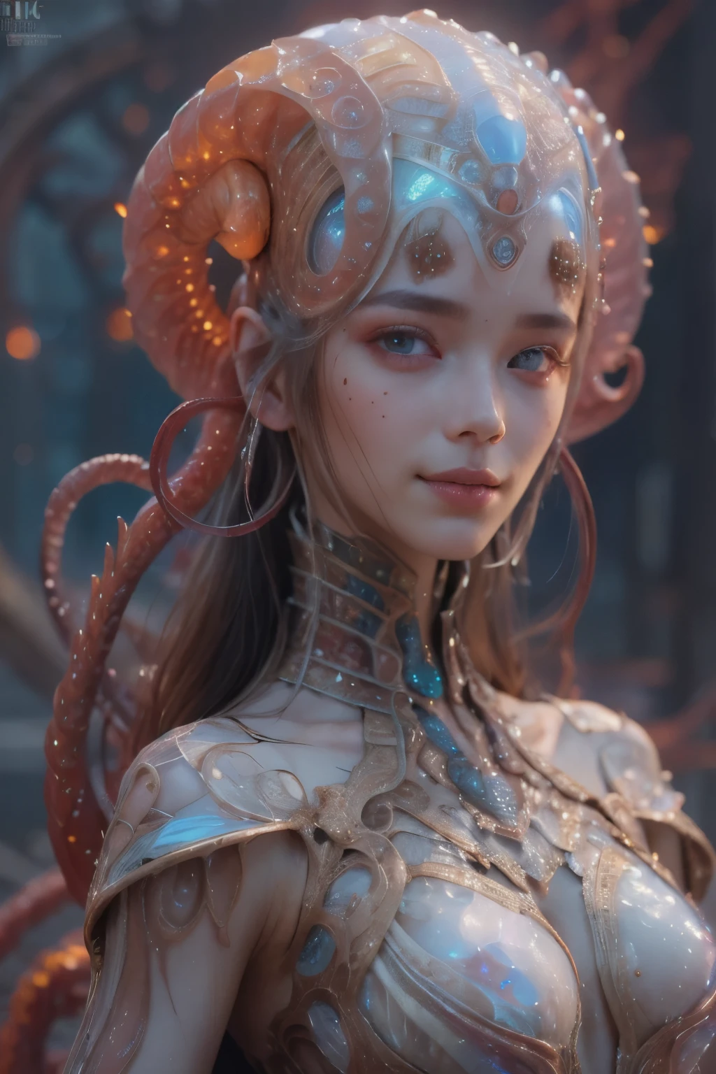 Portrait, (1 beautiful female alien:1.2), (There is a female genital-like organ in the middle of the forehead.:1.8), (The most beautiful face in the history of the universe:1.2), (Scarlet eyes that shine mysteriously:1.6), (Translucent skin:1.8), an evil gaze that seduces, (red eyes:1.5), (large mouth:1.1), sharp teeth like a shark, Full body like, (bio luminescent:1.2), (Smile wickedly:1.3), (sexypose:1.5), alien, No humans, cells are fused, (Lots of translucent tentacles:1.1) (Translucent skin:1.3), extraterrestrial, cell, bio image, Best Quality, 8K,4K_quality, High Definition, Dramatic Lighting, masutepiece:1.5,cinematic quality, detail up, (Intricate details:1.2), High resolution, High Definition, drawing faithfully, (Thick eyebrows:1.2), Beautiful eyes with fine symmetry, (Ultra detailed eyes:1.2),(Highly detailed face and eyes:1.2), (High-resolution red-eye:1.4), Intimate face, (Super detailed skin quality feeling:1.4), Perfect Anatomy, (Beautiful toned body:1.5), (Moist skin:1.2), No makeup, (dark circles:1.1), long canines, cinematic drawing of characters, ultra high quality model, cinematic quality, detail up, (Intricate details:1.2), High resolution, High Definition, drawing faithfully, Official art, Unity 8K wall , 8K Portrait, Best Quality, Very High resolution, ultra detailed artistic photography, midnight aura, unreal enginee 5, Ultra Sharp Focus, art by alberto seveso, ArtGerm, Roisch, intricate artwork, best quality, masutepiece, ultra High resolution, (photos realistic:1.4), Ultra-realistic realism, dream-like, nautilus, Creation of fantasy, Snail, Dream Snail, (biopunk nautilus:1.3), Thrilling color schemes, Ultra-realistic realism, seductively smiling, Blue tentacles