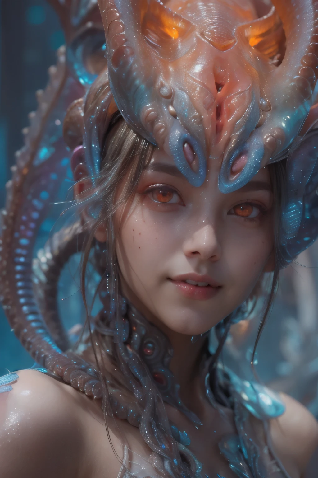 Portrait, (1 beautiful female alien:1.2), (There is a female genital-like organ in the middle of the forehead.:1.8), (The most beautiful face in the history of the universe:1.2), (Scarlet eyes that shine mysteriously:1.6), (Translucent skin:1.8), an evil gaze that seduces, (red eyes:1.5), (large mouth:1.1), sharp teeth like a shark, Full body like, (bio luminescent:1.2), (Smile wickedly:1.3), (sexypose:1.5), alien, No humans, cells are fused, (Lots of translucent tentacles:1.1) (Translucent skin:1.3), extraterrestrial, cell, bio image, Best Quality, 8K,4K_quality, High Definition, Dramatic Lighting, masutepiece:1.5,cinematic quality, detail up, (Intricate details:1.2), High resolution, High Definition, drawing faithfully, (Thick eyebrows:1.2), Beautiful eyes with fine symmetry, (Ultra detailed eyes:1.2),(Highly detailed face and eyes:1.2), (High-resolution red-eye:1.4), Intimate face, (Super detailed skin quality feeling:1.4), Perfect Anatomy, (Beautiful toned body:1.5), (Moist skin:1.2), No makeup, (dark circles:1.1), long canines, cinematic drawing of characters, ultra high quality model, cinematic quality, detail up, (Intricate details:1.2), High resolution, High Definition, drawing faithfully, Official art, Unity 8K wall , 8K Portrait, Best Quality, Very High resolution, ultra detailed artistic photography, midnight aura, unreal enginee 5, Ultra Sharp Focus, art by alberto seveso, ArtGerm, Roisch, intricate artwork, best quality, masutepiece, ultra High resolution, (photos realistic:1.4), Ultra-realistic realism, dream-like, nautilus, Creation of fantasy, Snail, Dream Snail, (biopunk nautilus:1.3), Thrilling color schemes, Ultra-realistic realism, seductively smiling, Blue tentacles