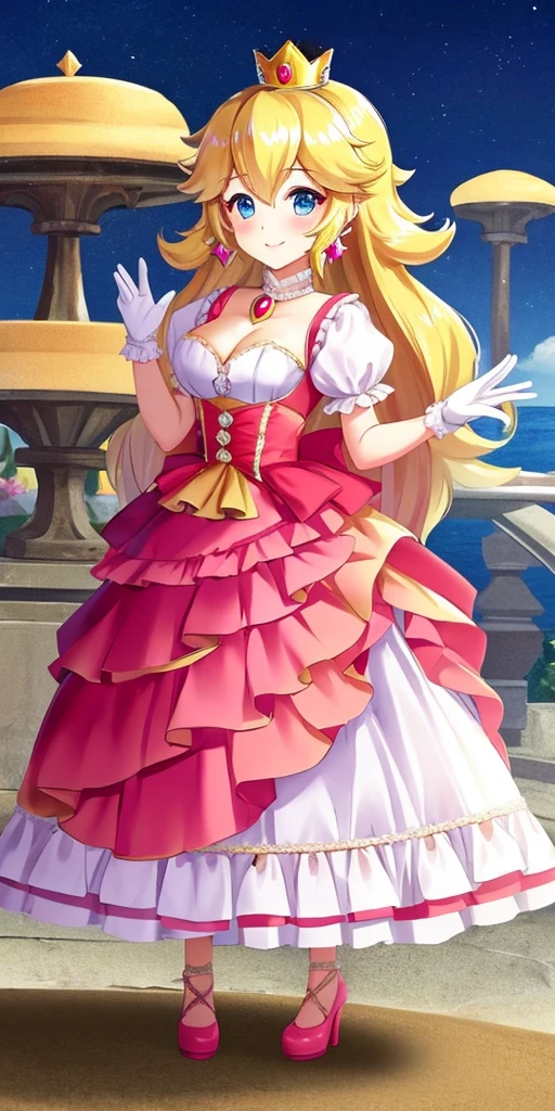 (masterpiece, best quality:1.2), 1girl, solo, (flat color:1.1), (princess peach:1.1), from the mario franchise, pink and gold, long blonde hair, large breasts, pink dress with puffy sleeves, white gloves, pink high heels, blue eyes, gold crown, royal demeanor, standing in the mushroom kingdom, waving with a warm smile, hopeful and kind expression, ( background:0.3), (solid circle eyes:0.7)