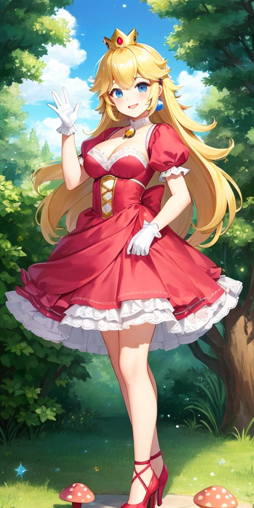 (masterpiece, best quality:1.2), 1girl, solo, (flat color:1.1), (princess peach:1.1), from the mario franchise, pink and gold, long blonde hair, large breasts, pink dress with puffy sleeves, white gloves, pink high heels, blue eyes, gold crown, royal demeanor, standing in the mushroom kingdom, waving with a warm smile, hopeful and kind expression, ( background:0.3), (solid circle eyes:0.7)