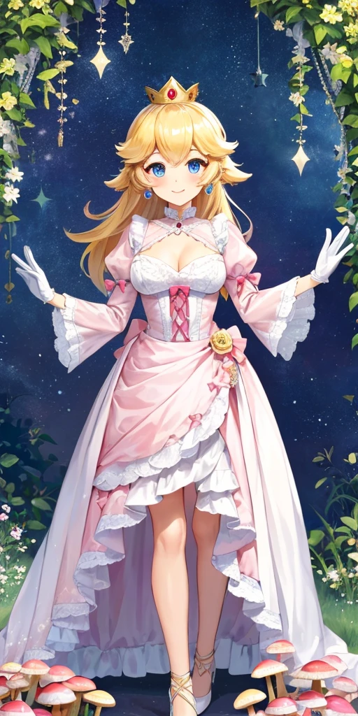 (masterpiece, best quality:1.2), 1girl, solo, (flat color:1.1), (princess peach:1.1), from the mario franchise, pink and gold, long blonde hair, large breasts, pink dress with puffy sleeves, white gloves, pink high heels, blue eyes, gold crown, royal demeanor, standing in the mushroom kingdom, waving with a warm smile, hopeful and kind expression, ( background:0.3), (solid circle eyes:0.7)