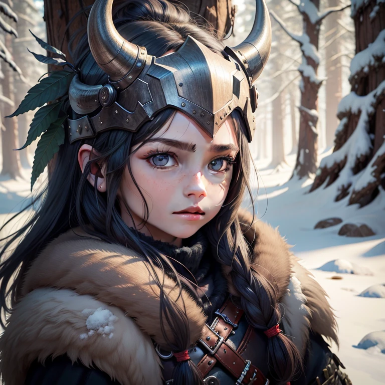 Portrait painting of 1child as nordic viking warrior, 1child, laurenchen, Cabello OSCURO, Cabello largo, brown eyes, con armadura vikinga, Piel detallada, fantasy, snowy nordic forest, Estilo modelshoot, (CG extremadamente detallado), Foto de una hermosa obra de arte, (Antonio Moro), (Jeremy Mann), High detail, foco nítido, dramatic, オイル, realista