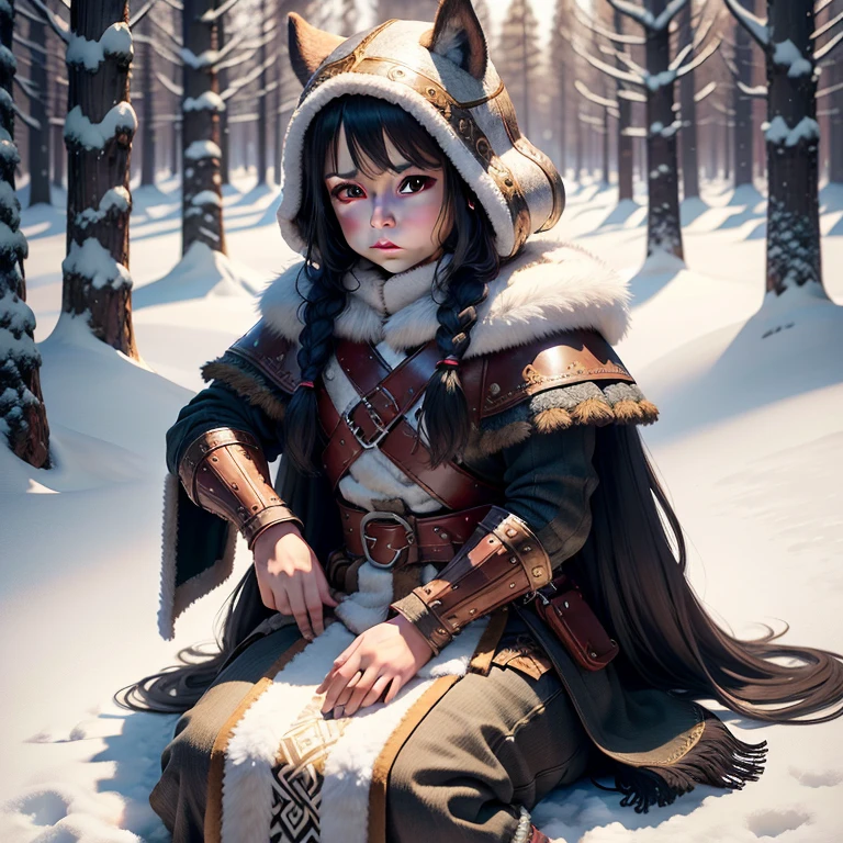 Portrait painting of 1child as nordic viking warrior, 1child, laurenchen, Cabello OSCURO, Cabello largo, brown eyes, con armadura vikinga, Piel detallada, fantasy, snowy nordic forest, Estilo modelshoot, (CG extremadamente detallado), Foto de una hermosa obra de arte, (Antonio Moro), (Jeremy Mann), High detail, foco nítido, dramatic, オイル, realista