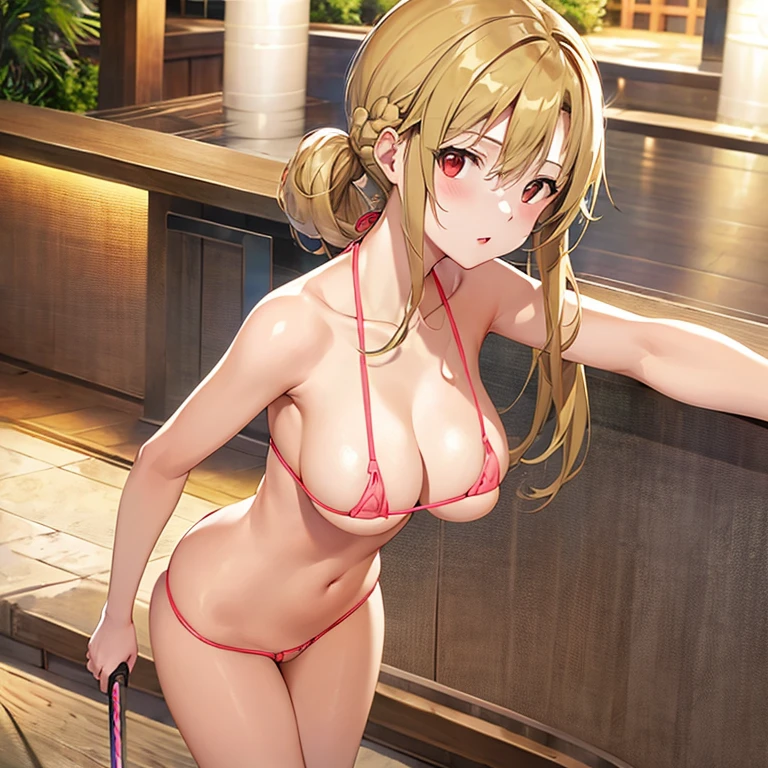 cute little、Asuna、Sword Art Online、(Micro Bikini:1.3)、cleavage of the breast、Teleface、Cowboy Shot、perspiring、resort hotel