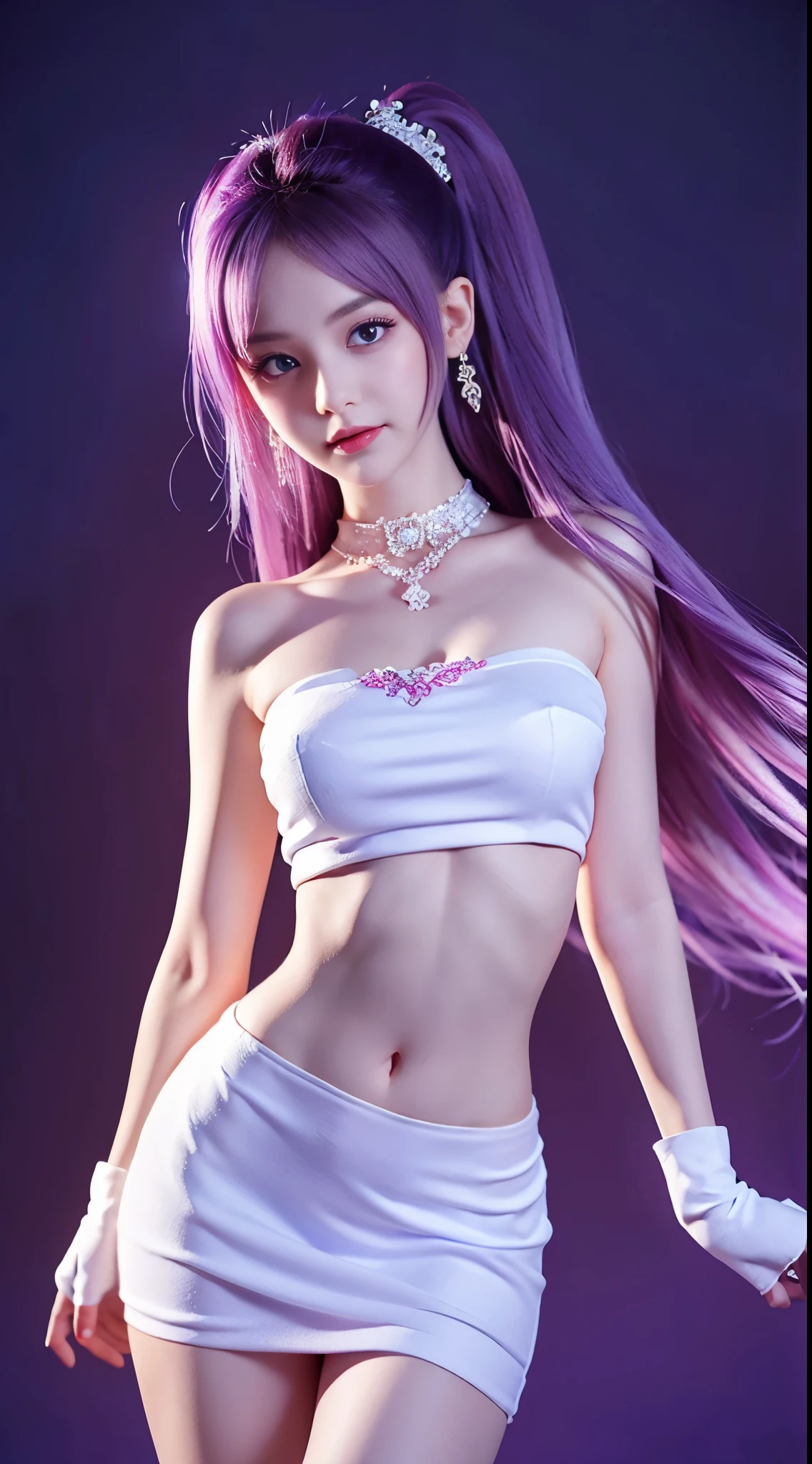girl wearing dev v neck evening gown, off shoulder white fur scarf, fur scarf, scarf, girl, big anime like eye, big bright eyes, backlight, soft light, bokeh, wide shot, 1 Girl, sexy slim girl, beautiful face, (beautiful sexy fit body:1.4), exquisite and beautiful big bright eyes, exquisite features, detailed features, asian girl, intricate details, perfect skin, , red lipstick, dark background, belly button, candle light, long hair, dress with lace details, laced dress, purple hair, bright blue eyes, choker, necklace, earings, bracelet, white gloves, realistic, masterpiece,((full body, chibi)),