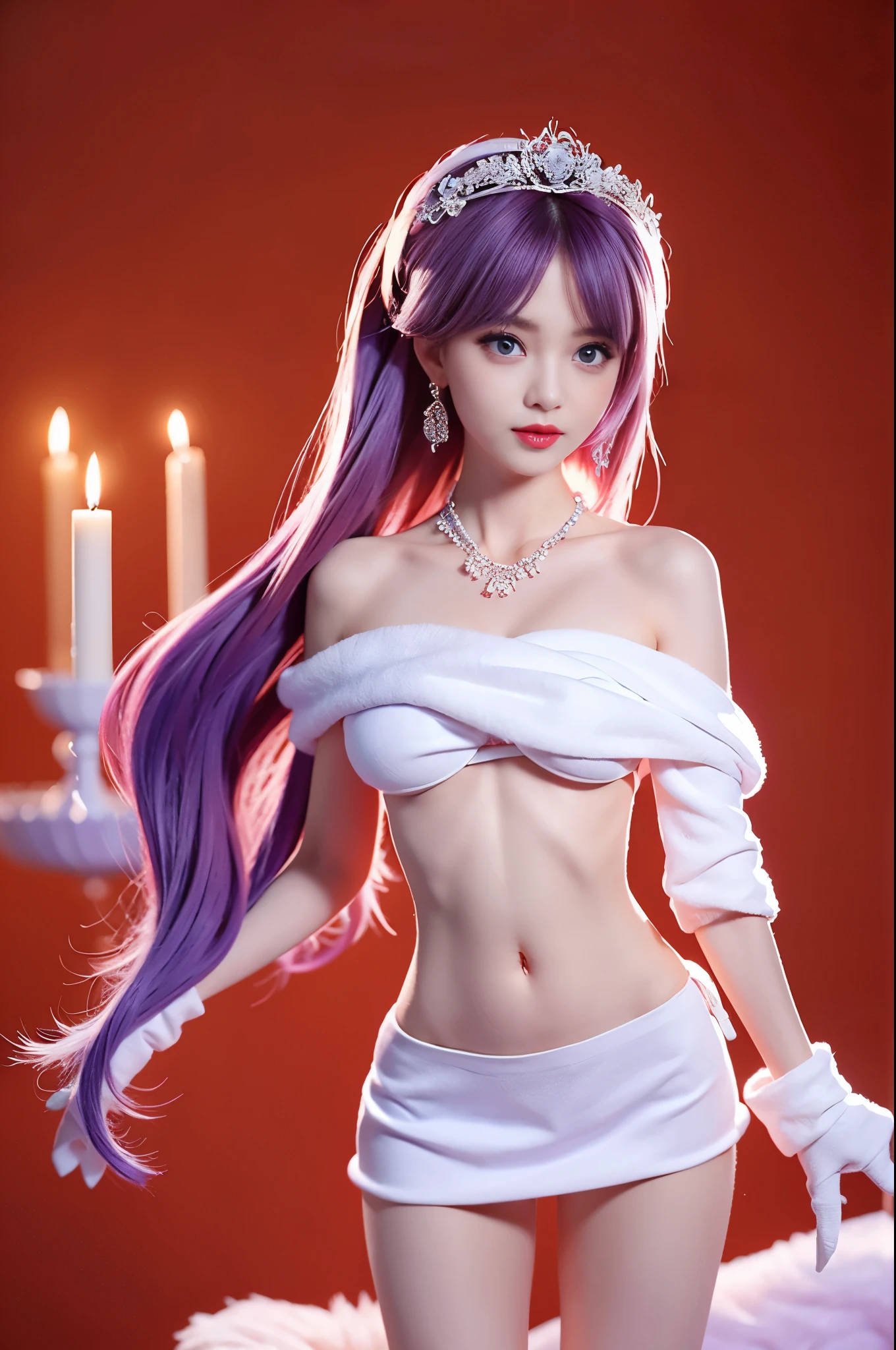 girl wearing dev v neck evening gown, off shoulder white fur scarf, fur scarf, scarf, girl, big anime like eye, big bright eyes, backlight, soft light, bokeh, wide shot, 1 Girl, sexy slim girl, beautiful face, (beautiful sexy fit body:1.4), exquisite and beautiful big bright eyes, exquisite features, detailed features, asian girl, intricate details, perfect skin, , red lipstick, dark background, belly button, candle light, long hair, dress with lace details, laced dress, purple hair, bright blue eyes, choker, necklace, earings, bracelet, white gloves, realistic, masterpiece,((full body, chibi)),