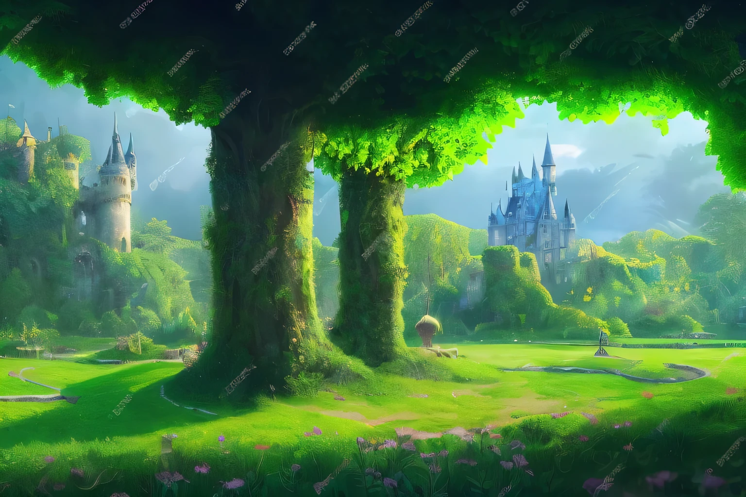 a large green park with a castle in the background, made of tree and fantasy valley, fantasy matte painting,cute, fantasy magical vegetation, fantasy scenic, beautiful render of a fairytale, fantasy art landscape, fantasy background, enchanted magical fantasy forest, wide angle fantasy art, fantasy overgrown world, fantasy scene, fairy tale style background, fairy kingdom forest, whimsical fantasy landscape art