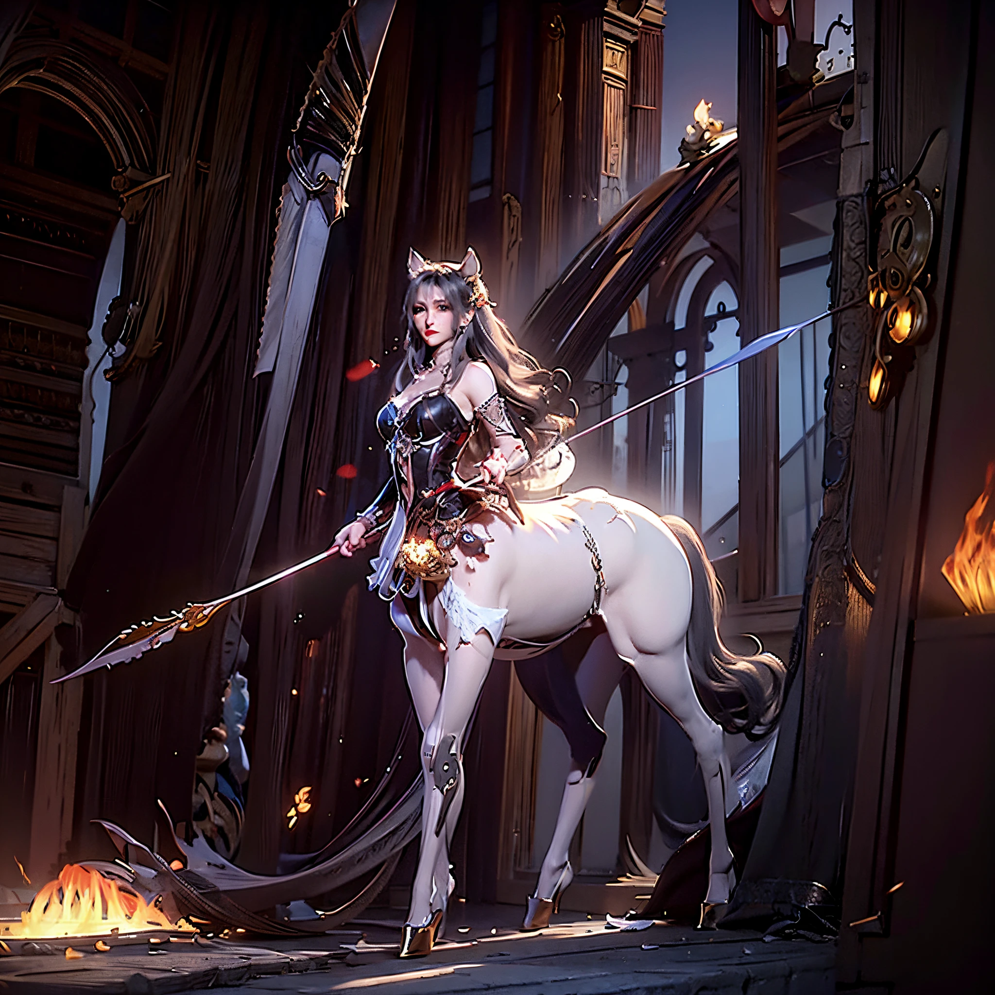 Centaur girl,Perfect hand movements,whitegloves,realisticlying, A high resolution, 1人の女性, hip-up, pretty eyes, long whitr hair, eye socket, jewely, Street attire, Sweaters, White hair