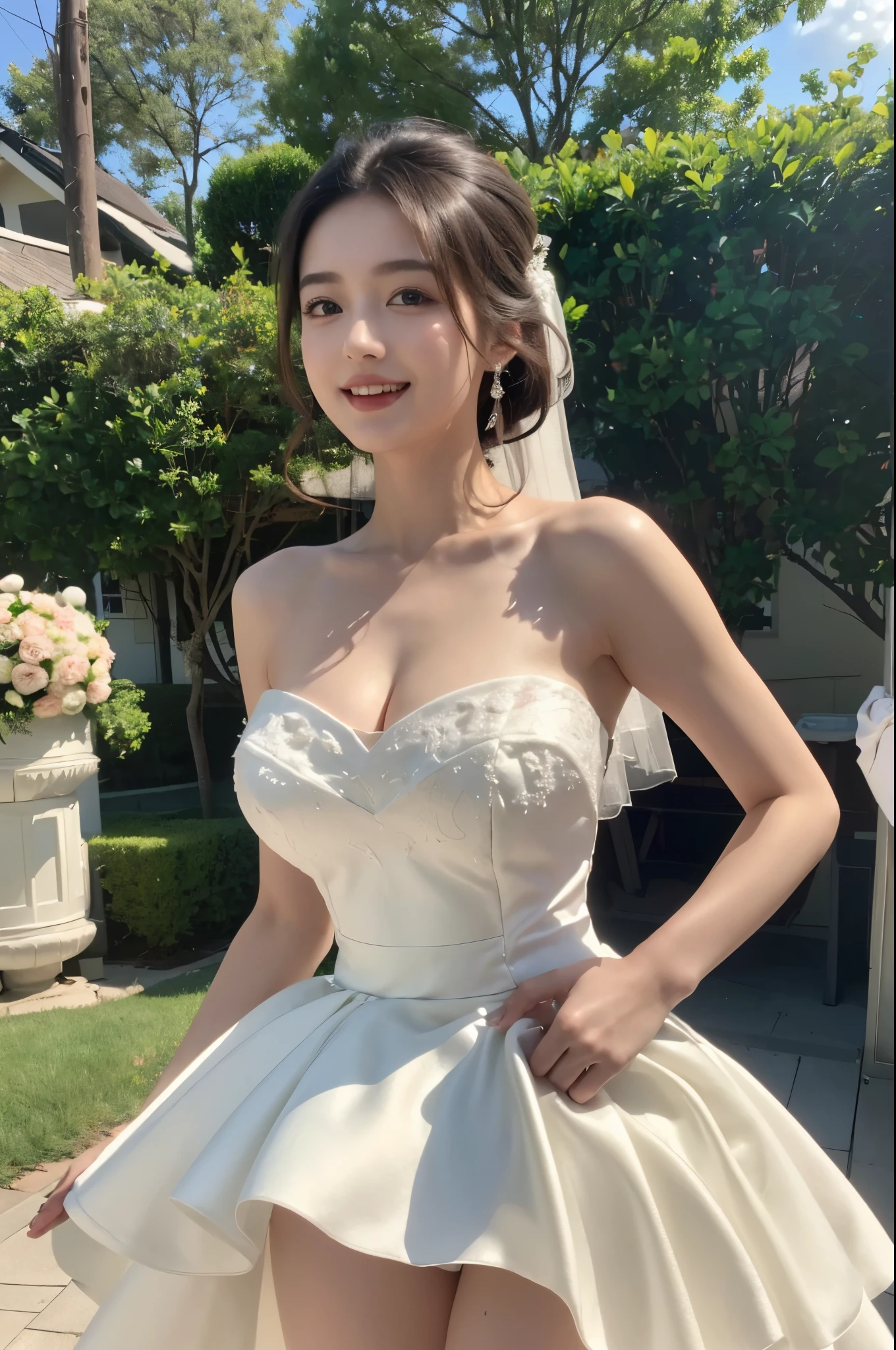 ((Best Picture Quality, 8k, tmasterpiece:1.3)), 1girl, perfect figure beautiful woman:1.3, ,((wedding gown,short skirt)),Ultra-fine face, 詳細な目, 二重まぶた,ssmile