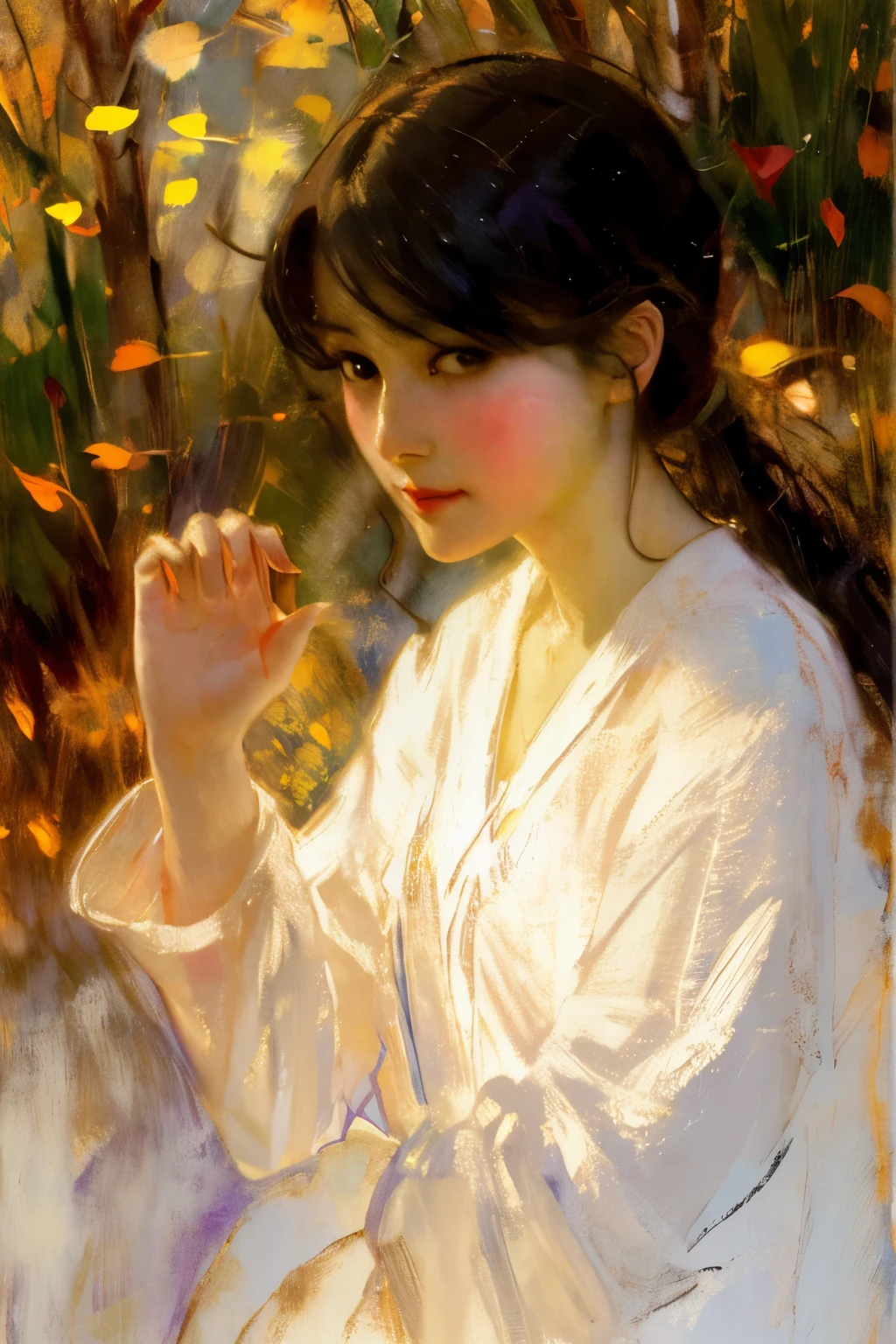 Colorful paintings, Sargent,by mucha, frontage, girl with, beautiful anime woman, very detailed face and eyes, Black hair, Long hair, A slight smil,energy in the palm of your hand,a woman luminous design, pastel colours, ink drips, autumn lights