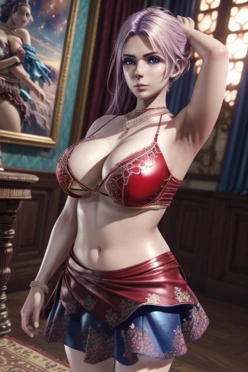 Aerial View,1girl,Elise,(Wearing Red and blue color matching style; Multi layered skirt with floral lace),jewelry,Tattoos,(shiny skin:1.4),clavicle,huge breasts,photography, (masterpiece:1.5),( best quality:1.4), 8K, HDR, highres, 3D,32K, Blender cycles render, prefect and regular fingers, Phase One XF IQ4 150MP Camera ,a photorealistic panorama that is a ultra-complex , fine quality, soft shadow,full body,