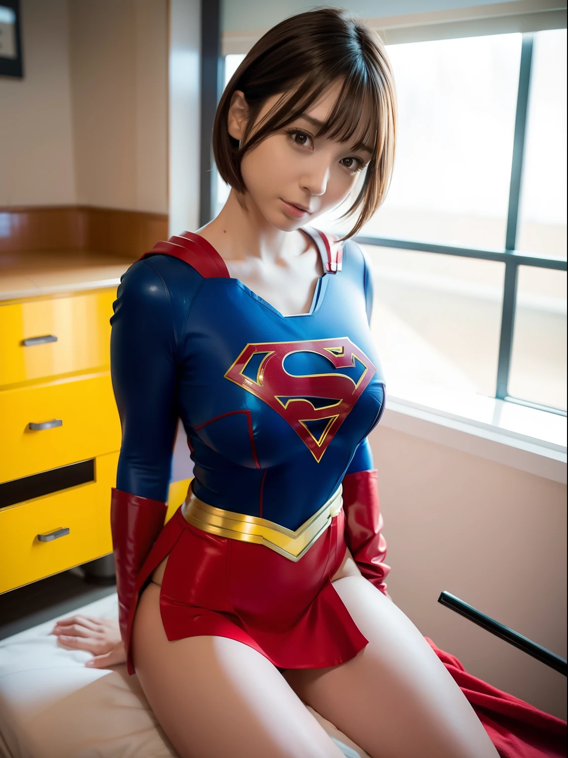 ​masterpiece,Supergirl Costume, short-hair, bare-legged, large full breasts,surgery room、Operating table、straddle、depraved、shiny、Looking at the camera、seduces、short red miniskirt、Show a glimpse