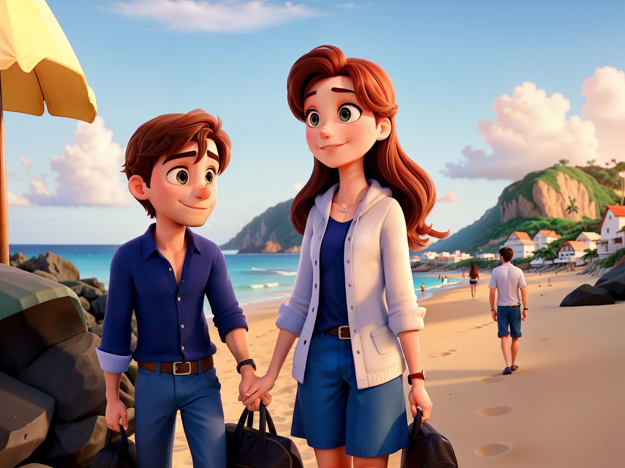 Romantic couple on the beach, homem com rosto redondo, mulher com seios pequenos