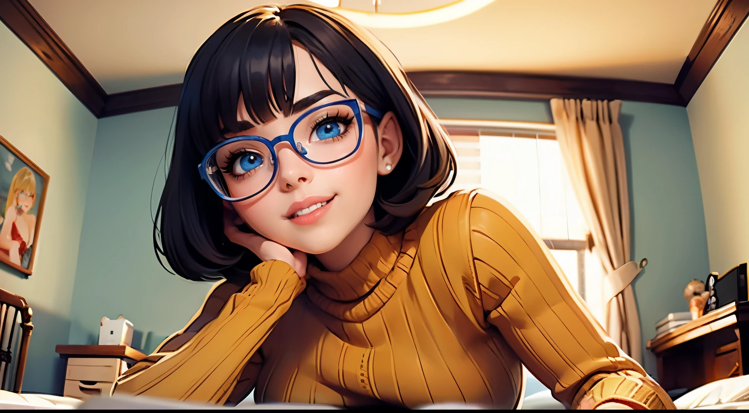 HD, 8k quality, masterpiece, Velma, dream girl huge tits, beautiful face, kissing lips, short bob hairstyle, long bangs, perfect makeup, realistic face, detailed eyes, blue eyes, brunette hair, eyelashes, smile grin, bedroom, lying on bed, showing cameltoe, eyes at viewer, orange knitted turtleneck sweater, clear lens glasses, red school girl skirt, view from below,