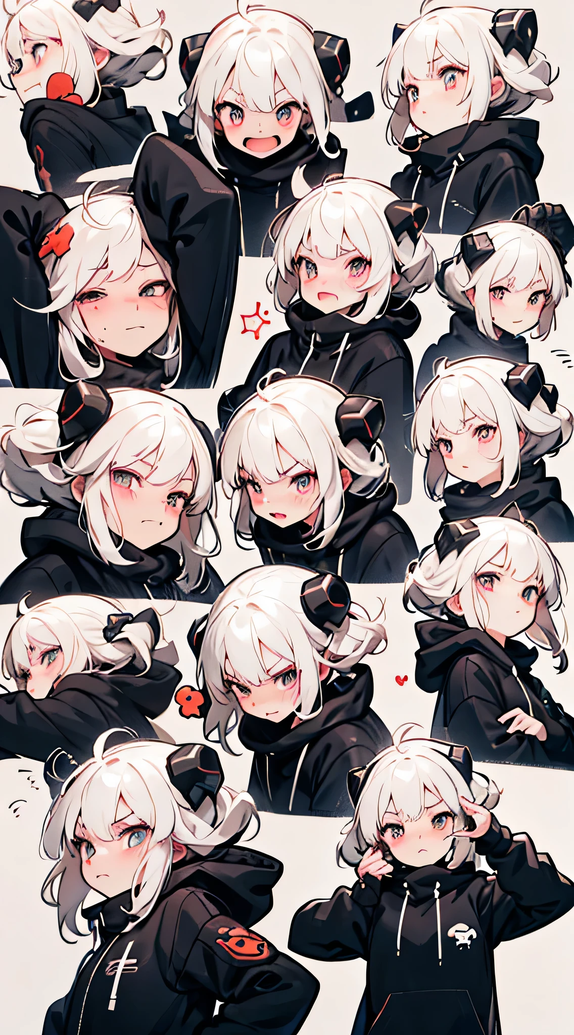 white hair, oversized hoodie,  cyber daemon, loli, cyberpunk, horns, 9 emojis，Emoji pad.，Align arrangement，A variety of gestures and expressions（Grieving，astonishment，having fun，Exhilarating，big laughter，Touch your head, wait），Anthropomorphic style，disney style，Black strokes，Different emotions，A variety of gestures and expressions，