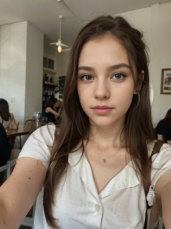 Photo of a 20 year old white woman., que tiene una cara muy natural,  labios finos, Ojos delgados y verdes, cejas finas, nariz delgada, Pendientes, long eyeslashes, cabello blanco y largo. She takes a cute selfie in a cafe.