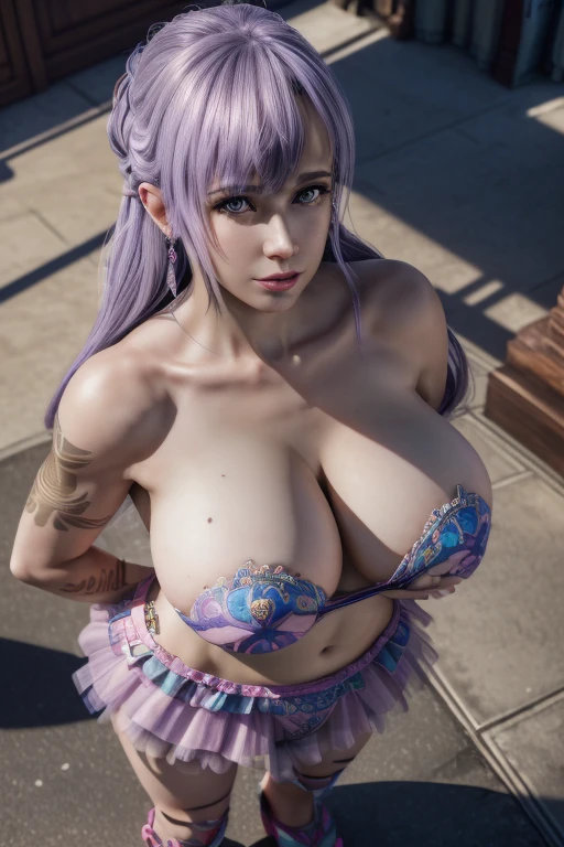 Aerial View,1girl,Fiona,(Wearing tutu),jewelry,(Tattoos),(shiny skin:1.ink lips,(huge breasts),collarbone, cleavage,Detailed Hair,photography, (masterpiece:1.5),( best quality:1.4), 8K, HDR, highres, 3D,32K, Blender cycles render, prefect and regular fingers, Phase One XF IQ4 150MP Camera ,a photorealistic panorama that is a ultra-complex , fine quality, soft shadow,full body,