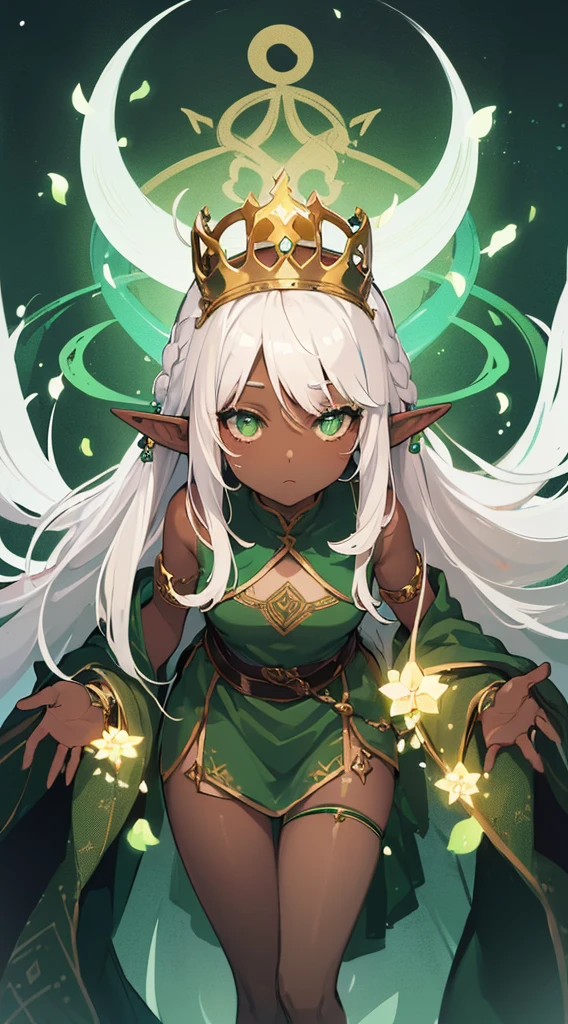 (((Very high image quality))),((Dark Skin)),(((Elf Woman))),(((White hair))),(((green eyes))),(((Seyxy body))),((Wearing a crown)),(((Dead)))