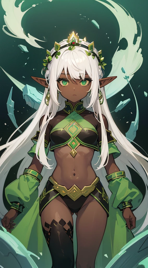 (((Very high image quality))),((Dark Skin)),(((Elf Woman))),(((White hair))),(((green eyes))),(((Seyxy body))),((Wearing a crown)),(((Dead)))