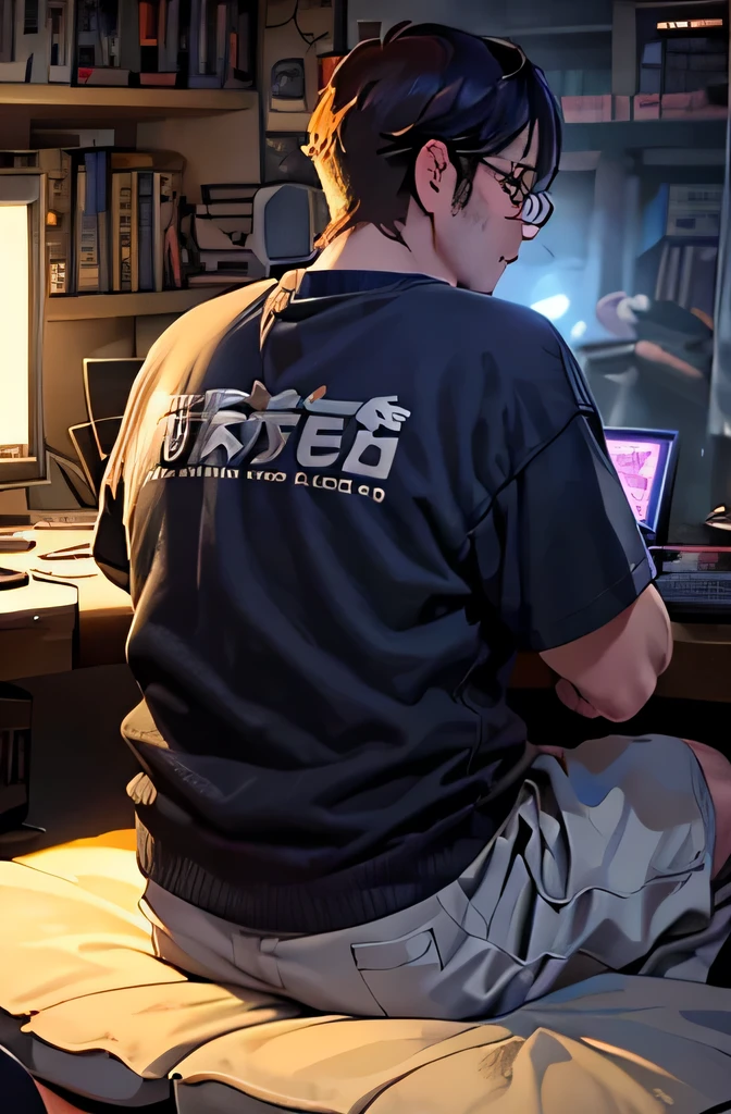 masterpiece, rich in details, great art, photograph of a generic fat anime nerd man watching a live stream of a girl doing ahregao, the nerd&#39;s view is of his back facing the computer, The room is dark