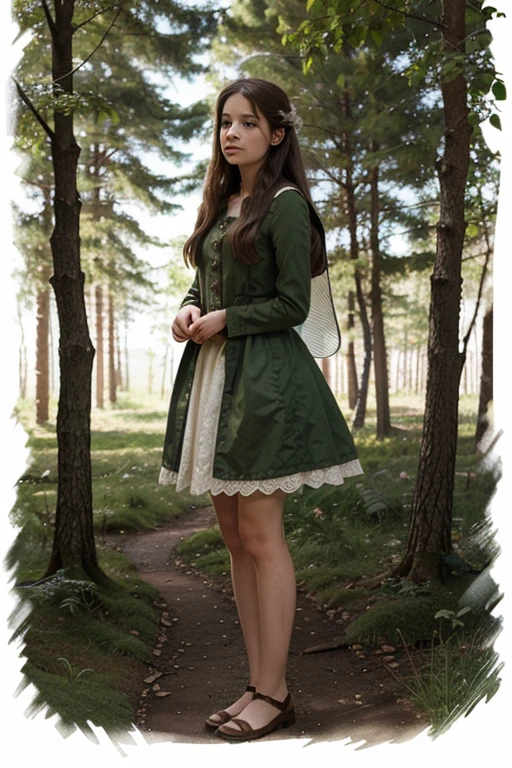 Illustration for a fairy tale about a girl, standing in the woods, who knows how to talk to animals