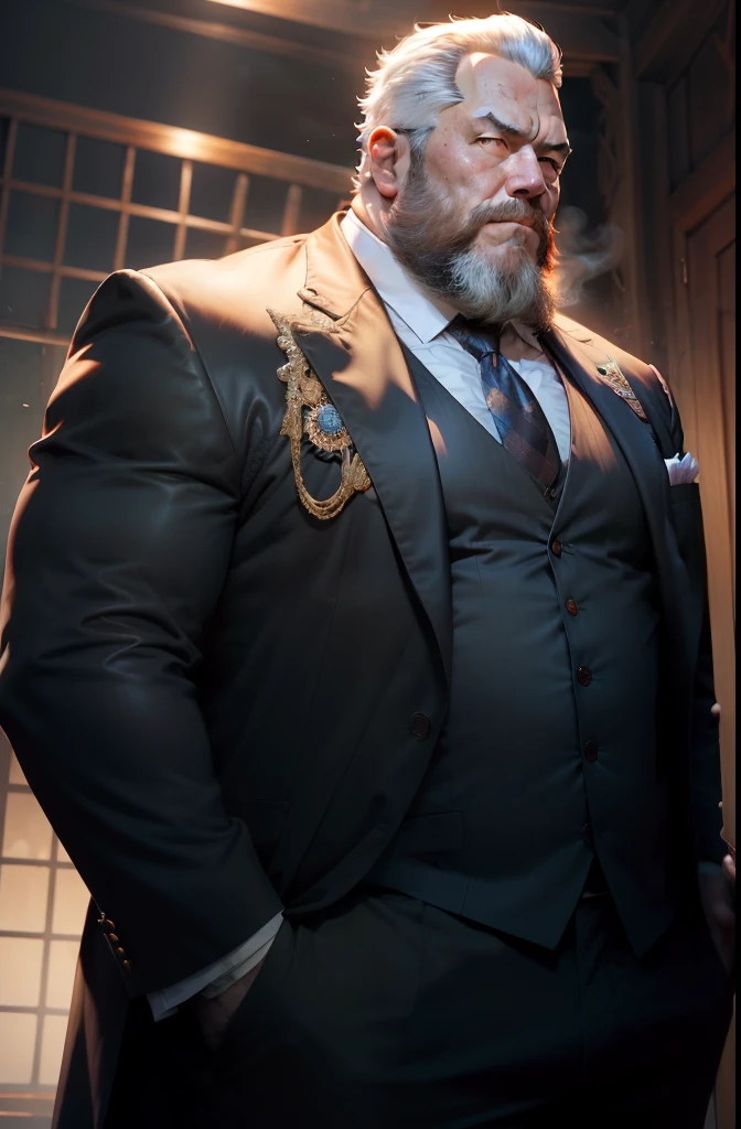 Old Man, yui,royal commander, thick body, Slightly fat,gorgeous suit,Long tie,White beard,Handsome, sharp gaze, In the cage,Red Eyes, big bulge, Standing, Put your hands behind your hips, HD quality, masutepiece, Extremely detailed, Looking to the Viewer, perspective view, nffsw, 64k uhd, Unreal.(highly detailedskin), (Detailed face), Detailed background, Dark lighting, Twilight Lighting, Volumetric lighting, Intricate details, nffsw