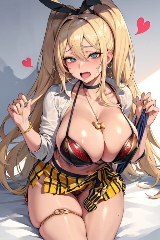 1girl in, BrnWsh, Rolling eyes, Open mouth, Heart-shaped pupil, corruption, hypnotized, Drooling, Sweat, Blonde hair, Best Quality, masutepiece, hight resolution