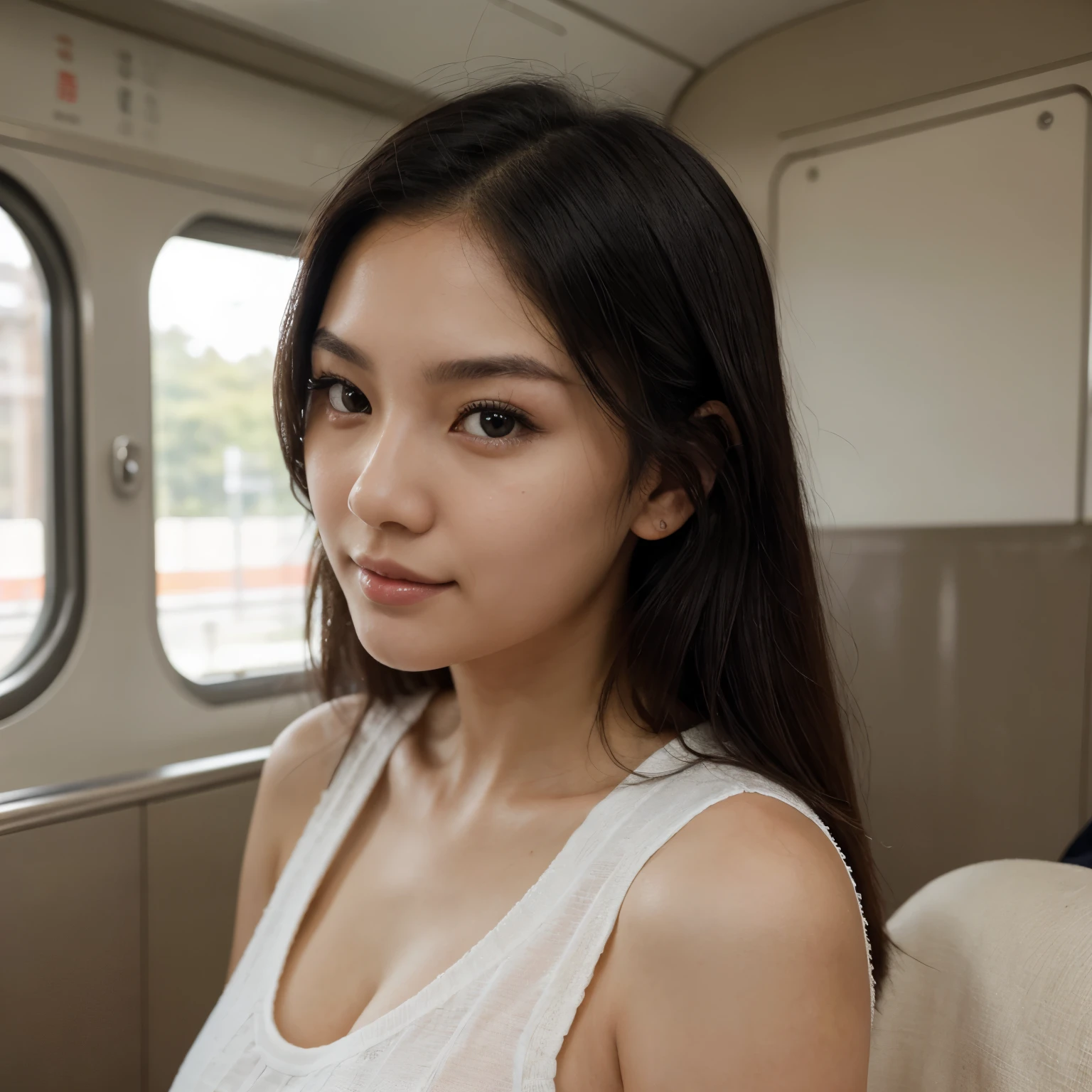 photo of black hair female, sharp face lines, skinny face, beautiful slim face, black long hair, beautiful dimples cheeks, slim beautiful japanese face, beautiful face, beautiful nose, masterpiece, high resolution, 21 years old, busty female, nice skin, american mixed japanese ethnic female, cute pose, posing in a public train, wearing casual clothing