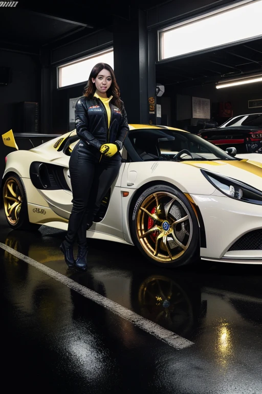 car with a red and gold interior parked in front of a garage, vehicle, mid shot photo, sport car, highlight, album, slr, sportcar, vehicle photography, lotus, sports car, full view of a sport car, photo mid shot, new vehicle, exotic, album photo, black and yellow and red scheme, formulae, wheels, high detail, glowing light, cinematic lighting, masterpiece, ccurate, textured skin, super detail, high quality, award winning, highres, 4K, 8k