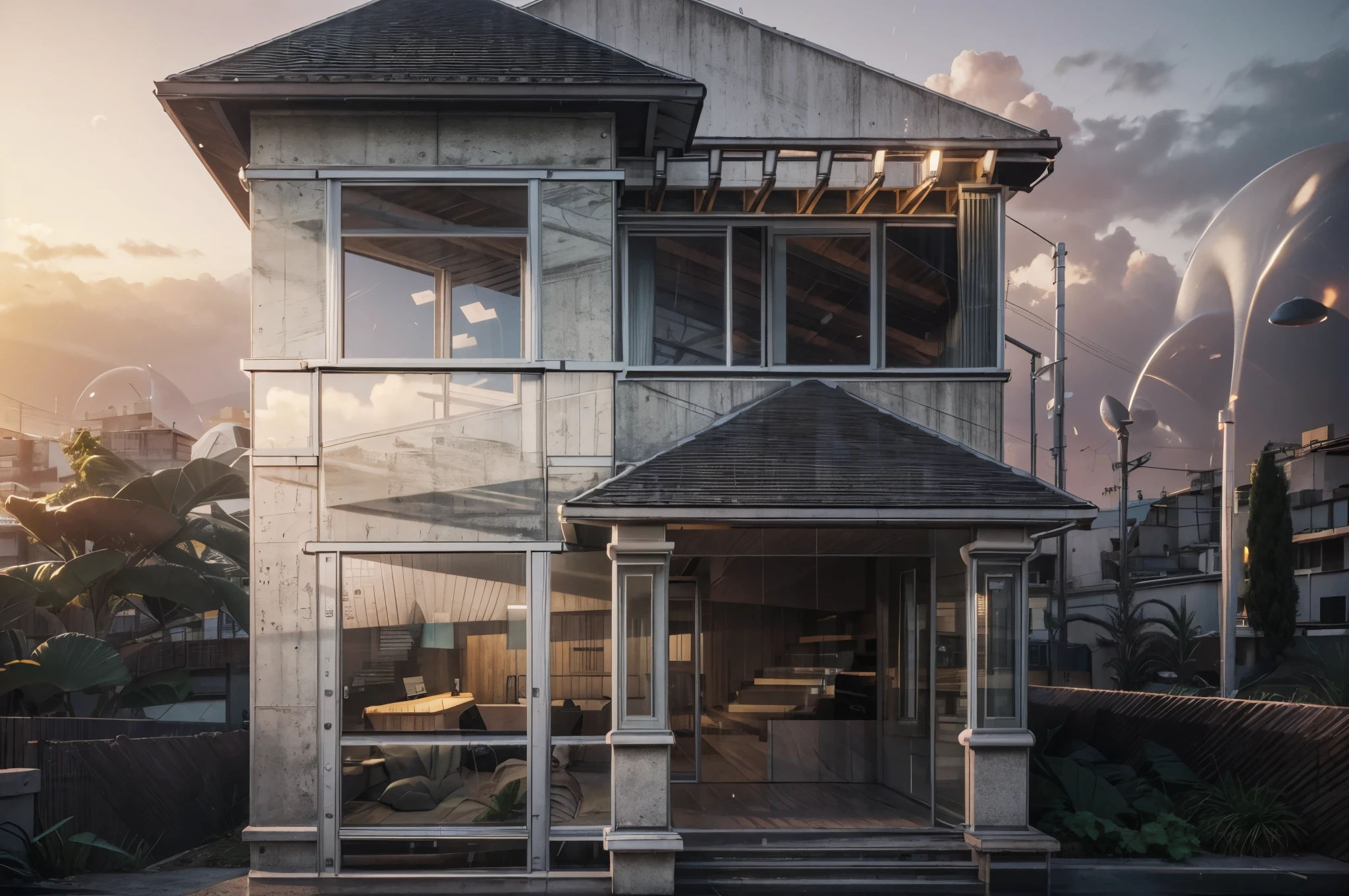 (8k, RAW photo, best quality, masterpiece:1.2), a highly detailed building with a sloping roof designed by tadao ando, with lots of concrete and glass, rainy, people, steps, trees, plants, realistic style, best quality, photo-realistic, 8k uhd, dslr, soft lighting, perfect light, high quality, Fujifilm XT3, grass on the ground