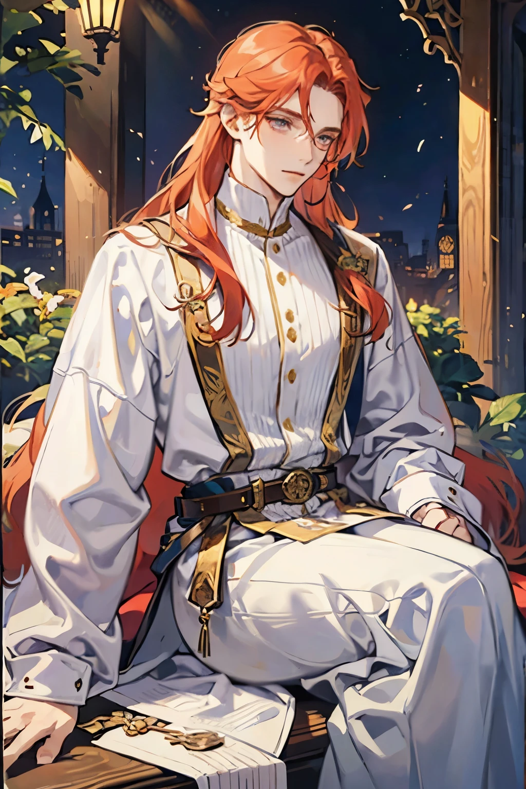 a man with long ginger hair and silver eyes, wearing women's noble clothes