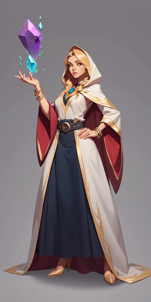 mstoconcept art, european and american cartoons, game character design, solo, 1girl, MAGICIAN, FEMALE FOCUS, GRAY BACKGROUND, WIZARD, FULL BODY, STANDING, HOOD, ROBE, MILF, JEWELRY, LONG BLONDE HAIR, BRACELET, WIDE SLEEVES, WOMAN, BELT, GEMSTONE, LONG SLEEVES, FEMALE VERSION