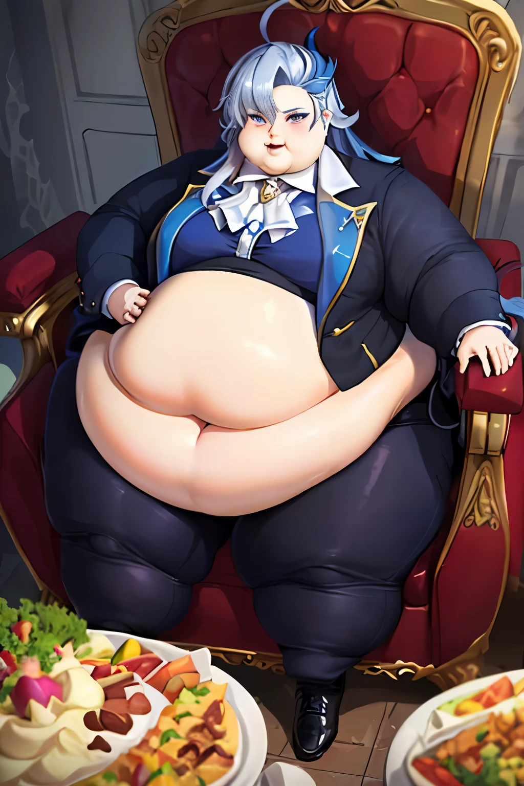 masterpiece, best quality, 1boy, neuvillette, long hair, blue hair, suit ,Pants,ascot, ((Better face and Eyes:1.7)),  background: throne room ,(high_aesthetic), fat ,((Immobile:1.5)), Wide Hips, Thick thighs, Giant ass, Embarrassed,  being Surrounded by  food , Ripping Clothes:1.4)),((pear_shaped_body,)),((belly_bigger_than_body:1.5)), Fat face:1.4