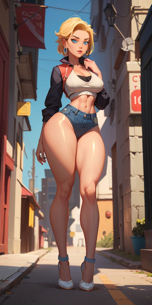 unparalleled masterpiece, ultra realistic 8k CG, perfect artwork, (1girl:1.1) , solo, ((perfect female figure)), (nsfw), looking at viewer, mature female, bimbo (android 18) standing, (teasing), best quality:1.1 , seductive posture, sexy pose, alluring, (beautiful), (curvy), (thick), blonde hair, (blue eyes:1.2), short hair, earrings, jewelry, denim vest, open vest, black pantyhose, black shirt, denim skirt, striped long sleeves, blue skirt, toned legs, fit, (abs:1.1), (big butt:1.4), peach ass, (athletic body:1.2), (large breasts:1.3, (big_breasts:1.1), wide_hips:1.5, narrow waist, small waist:1.5, slender body:1.2, thick thighs:1.3), (shiny skin:1.2), (hdr), (street:1.2), Nikon D850 film stock photograph Kodak Portra 400 camera f1.6 lens, rich colors, lifelike texture, dramatic lighting, unreal engine, trending on ArtStation, by Gerald Brom, by Frank Frazetta, by Luis Royo, by Julie Bell, by Boris Vallejo