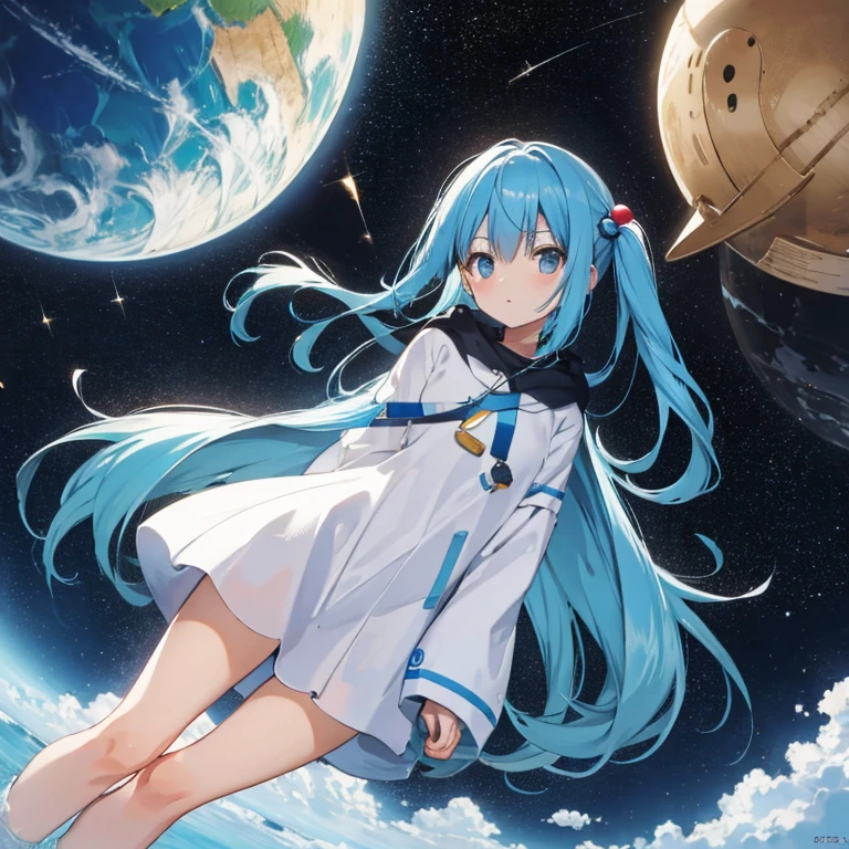 Best Quality, Detailed, 4K, Raw photo, masutepiece, Detailed face,, Stars, Planets, Galaxy, spaces,, a photo of エニセマール flying in spaces, Blue hair, Bangs, Long hair, Looking at Viewer,