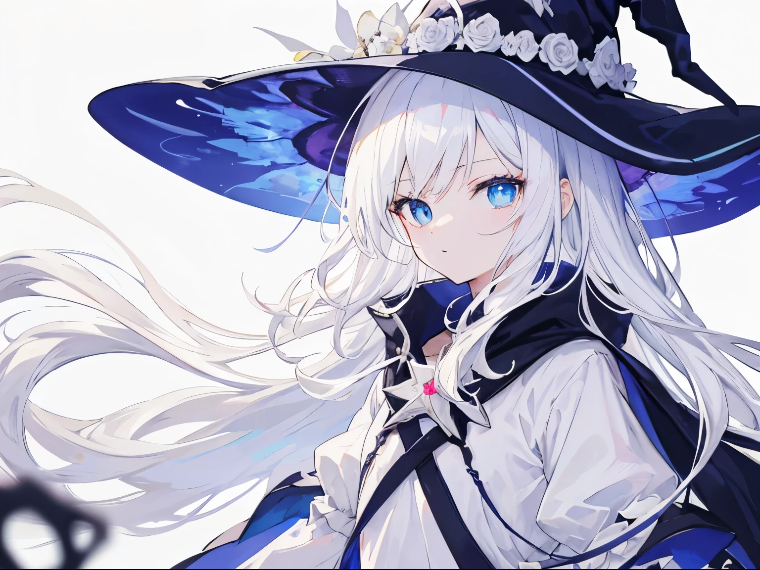 White shirt, Anime girl, Long and white hair, HD, Blue eyes, White Wedding Dres, Plain background, Witch Hat, Magic