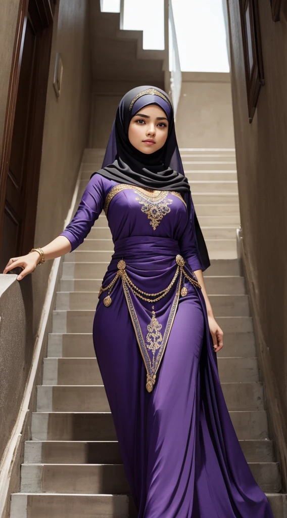 beautiful portrait of a goddess girl, wear Muslim dress, beautiful detailed face, detailed anatomy, climbing up the stairs, like a dream background, purple white shades, gigantic breasts.