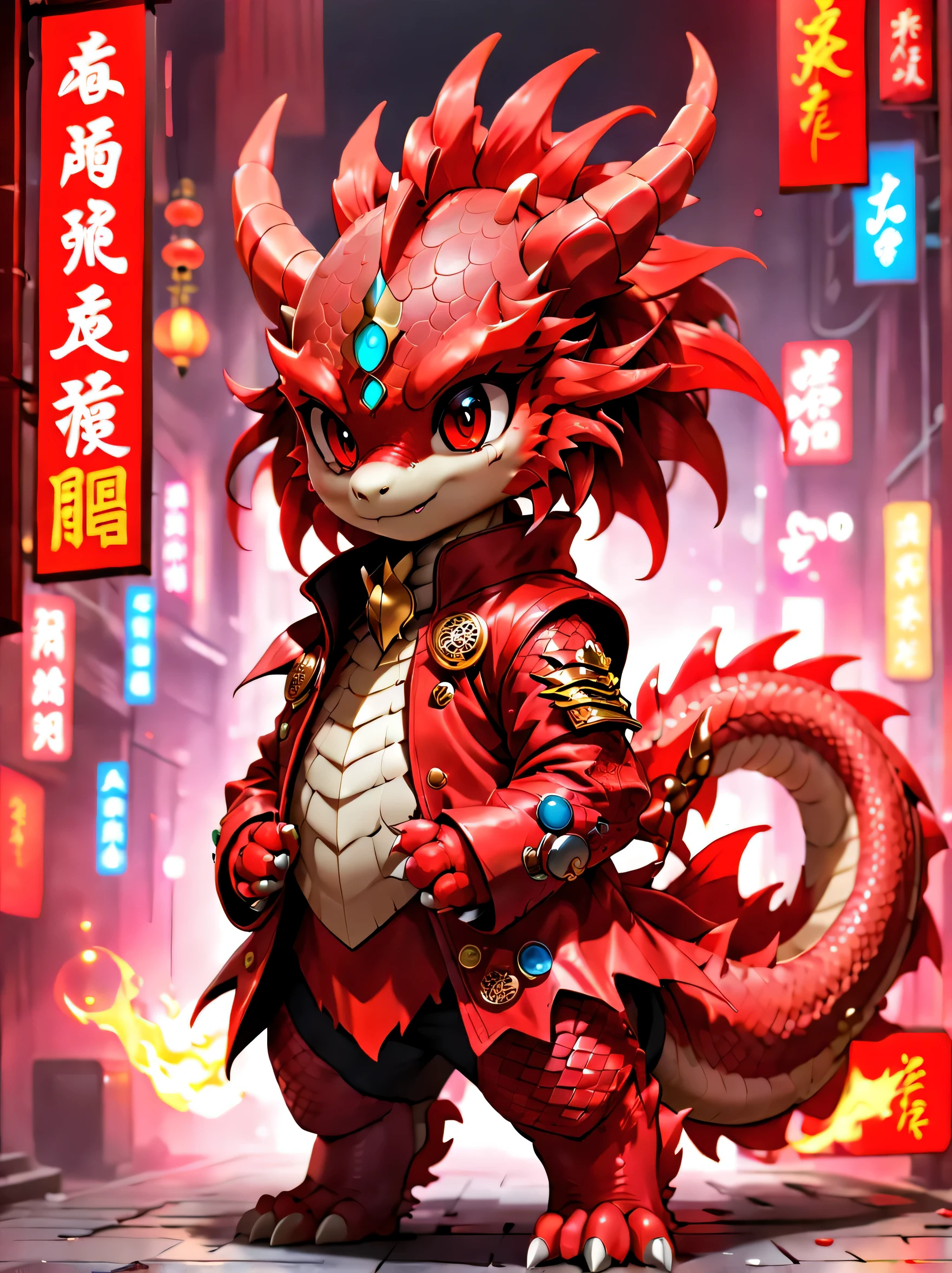cyber punk personage，cyber punk personage新年场景，Year of the Dragon mascot，Auspicious dragon，red dragon