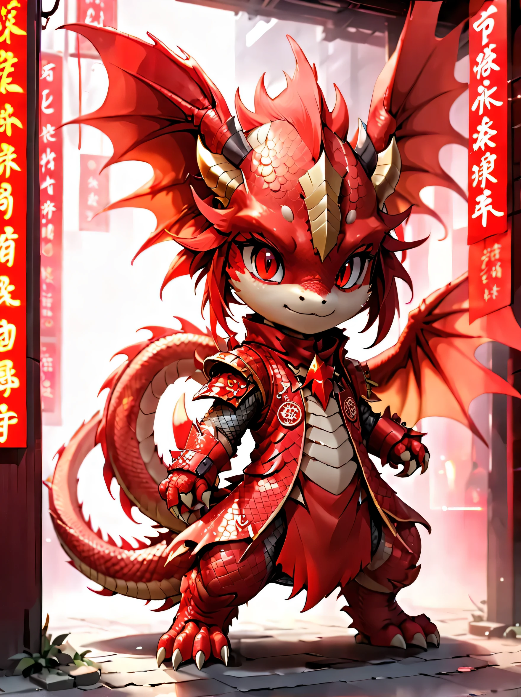cyber punk personage，cyber punk personage新年场景，Year of the Dragon mascot，Auspicious dragon，red dragon