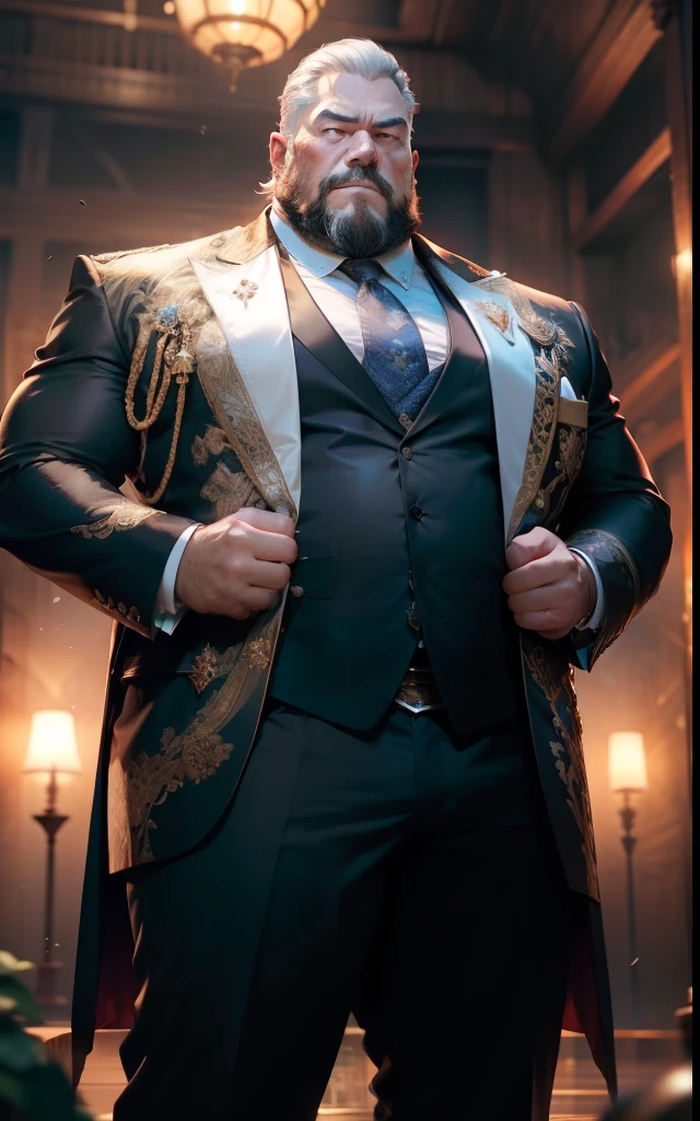 Old Man, yui,royal commander, thick body, Slightly fat,gorgeous suit,Long tie,White beard,Handsome, sharp gaze, In the cage,Red Eyes, big bulge, Standing, Put your hands behind your hips, HD quality, masutepiece, Extremely detailed, Looking to the Viewer, perspective view, nffsw, 64k uhd, Unreal.(highly detailedskin), (Detailed face), Detailed background, Dark lighting, Twilight Lighting, Volumetric lighting, Intricate details, nffsw、Luxurious decoration、giant root