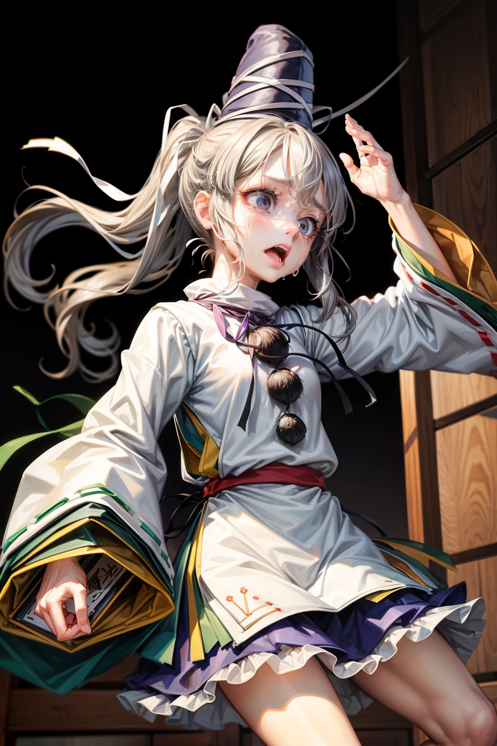 (masterpiece, top quality, best quality, beautiful and aesthetic:1.2), mononobe no futo, 1girl, hat,long hair,grey hair, ponytail, grey eyes, shirt,skirt,ribbon,japanese clothes,wide sleeves, long sleeves, japanese architecture, surprised, :o, beam, laser, glaring body, open box, box, open mouth, jaw drop, wide-eyed, panicking, horrified, screaming, sobbing, traumatized, turn pale, wavy mouth, glowing, glow, outer glow