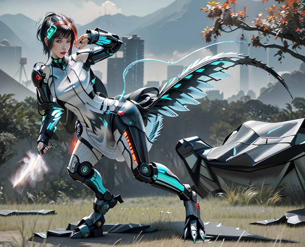 HD GoPro selfie, 8k, half transformation, liquid metal goo coating, closeup of woman morphing into black red silver synthetic robot deinonychus, half human, red black silver, reality shifting, female human mechanical raptor hybridization, your bedroom morphs into a post-apocalyptic landscape, horizon forbidden west machine, a college girl morphing into a robotic deinonychus, cracks and glowing rifts in reality, in the style of Horizon Forbidden West, mecha animal