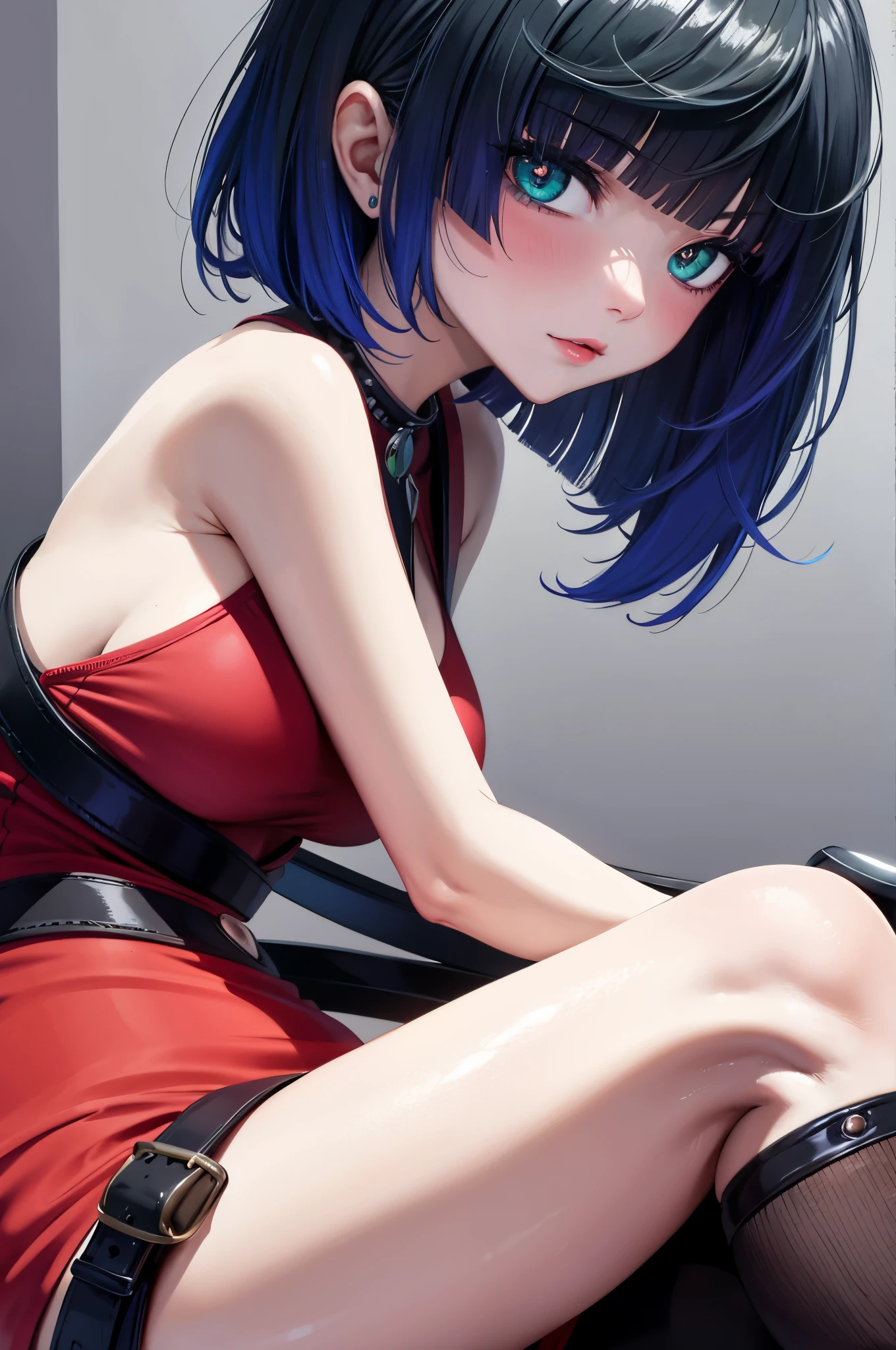 body, sensual cleavage, skin-tight red dress, round breasts, thick thighs, Ultra HD, 4k image, character close-up camera, V-shaped panties, panties below the waist, Best image quality, artistic cousin, 超高分辨率, (Fidelity: 1.4), photore, 1girll, light green eyeballs, eyelashes, beautiful pupil, shadows, light blush, delicate facial features, reasonable facial features, bare shoulders exposed