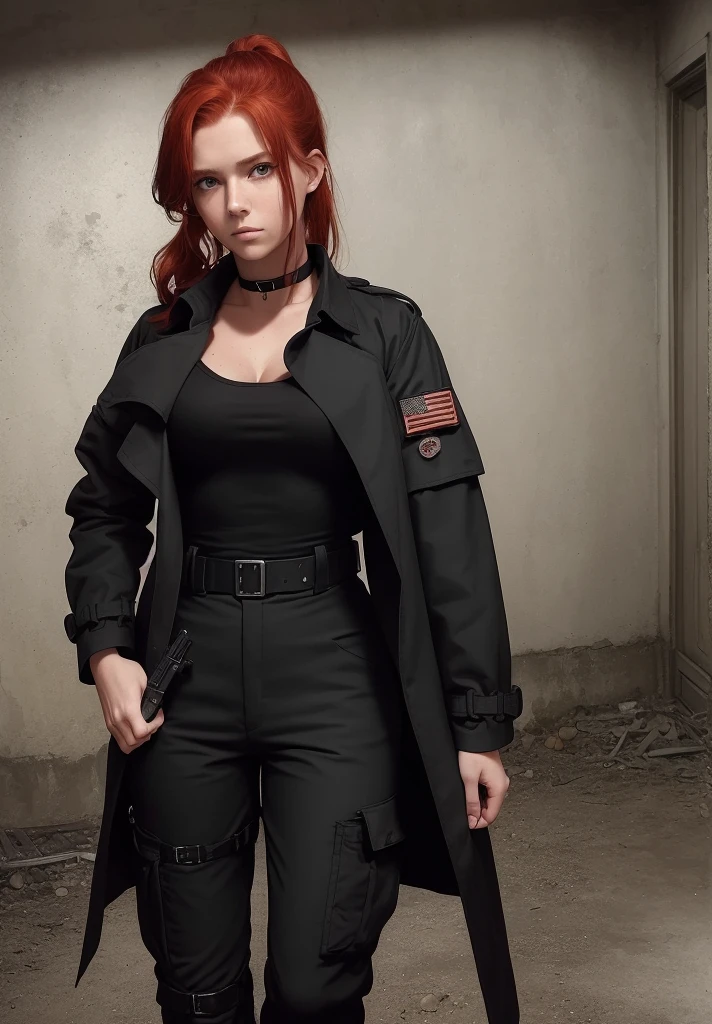 redhead, ((medium hair)), ((dark red hair)), ((solo female)), ((solo)), ((small breasts)), ((abandoned nuclear bunker)), ((character portrait)), ((1woman)), ((bedroom)), ((front view)), sweating, ((ponytail)), ((solo female)), ((solo)), ((fully clothed)), ((1woman)), sweating, ((choker collar)), ((18 year old female)), (best quality, masterpiece:1), solo, green eyes, portrait, fingers, close up photo, ((ankle length trenchcoat)), ((black bdu pants)), ((black bdu shirt)), ((pistol in leg holster))