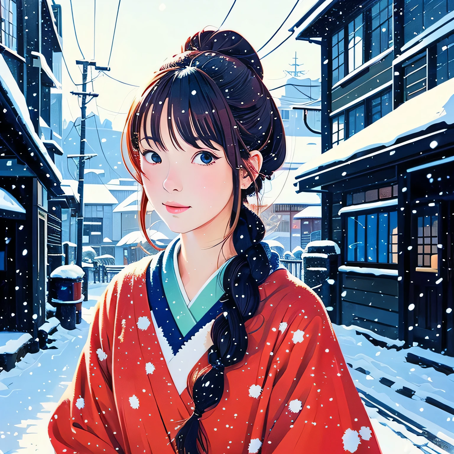 Illustration style、ukiyoe painting、Showa Anime、Woman、Snow、Sensitive