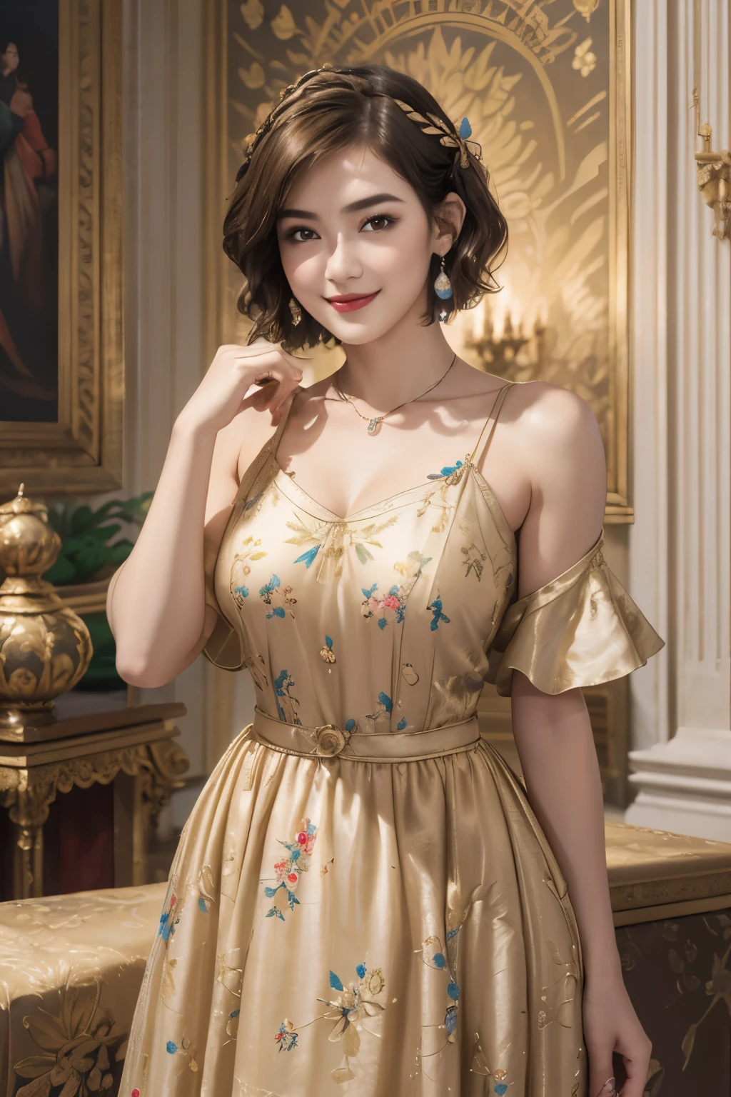 141
(a 20 yo woman,in the palace), (A hyper-realistic), (high-level image quality), ((beautiful hairstyle 46)), ((short-hair:1.46)), (kindly smile), (breasted:1.1), (lipsticks), (is wearing dress), (murky,wide,Luxurious room), (florals), (an oil painting、Rembrandt)